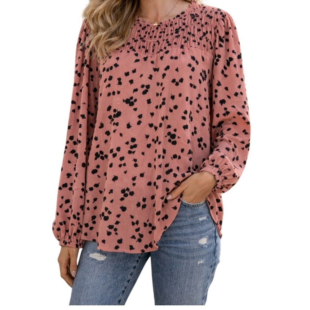 Boohoo Blouse Womens Sz.‎ XL Pink Black Polka Dot Smocked V-Neck Long Sleeve Top